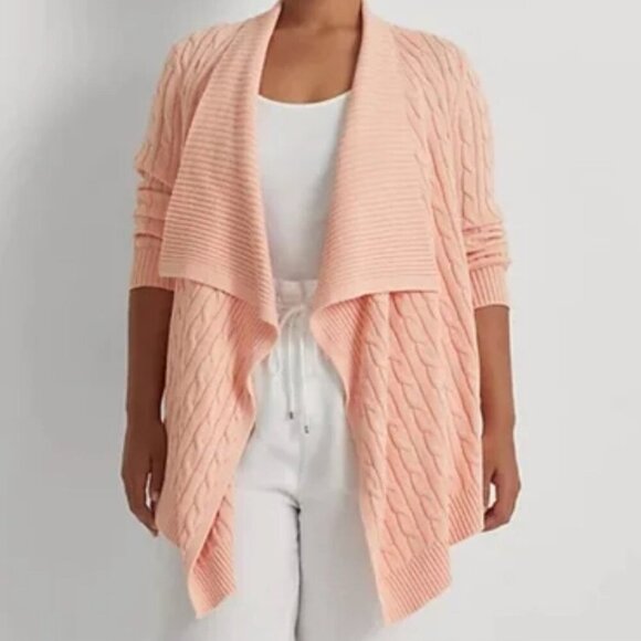 Lauren Ralph Lauren Linen Cotton Cable Knit Cardigan Open Front Pink Size PS NWT - Picture 2 of 5